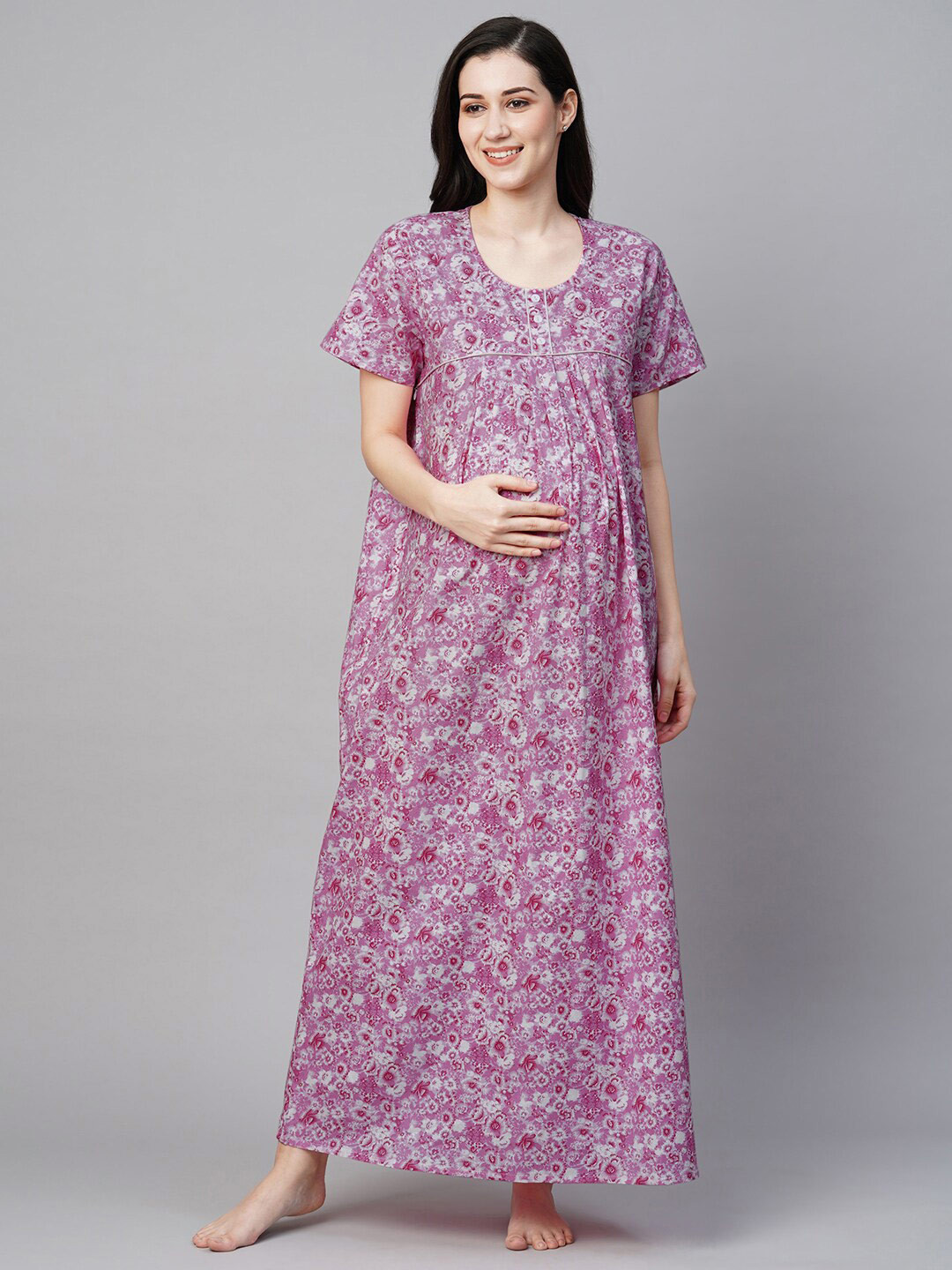 

MomToBe Floral Printed Pure Cotton Maternity Maxi Nightdress, Pink
