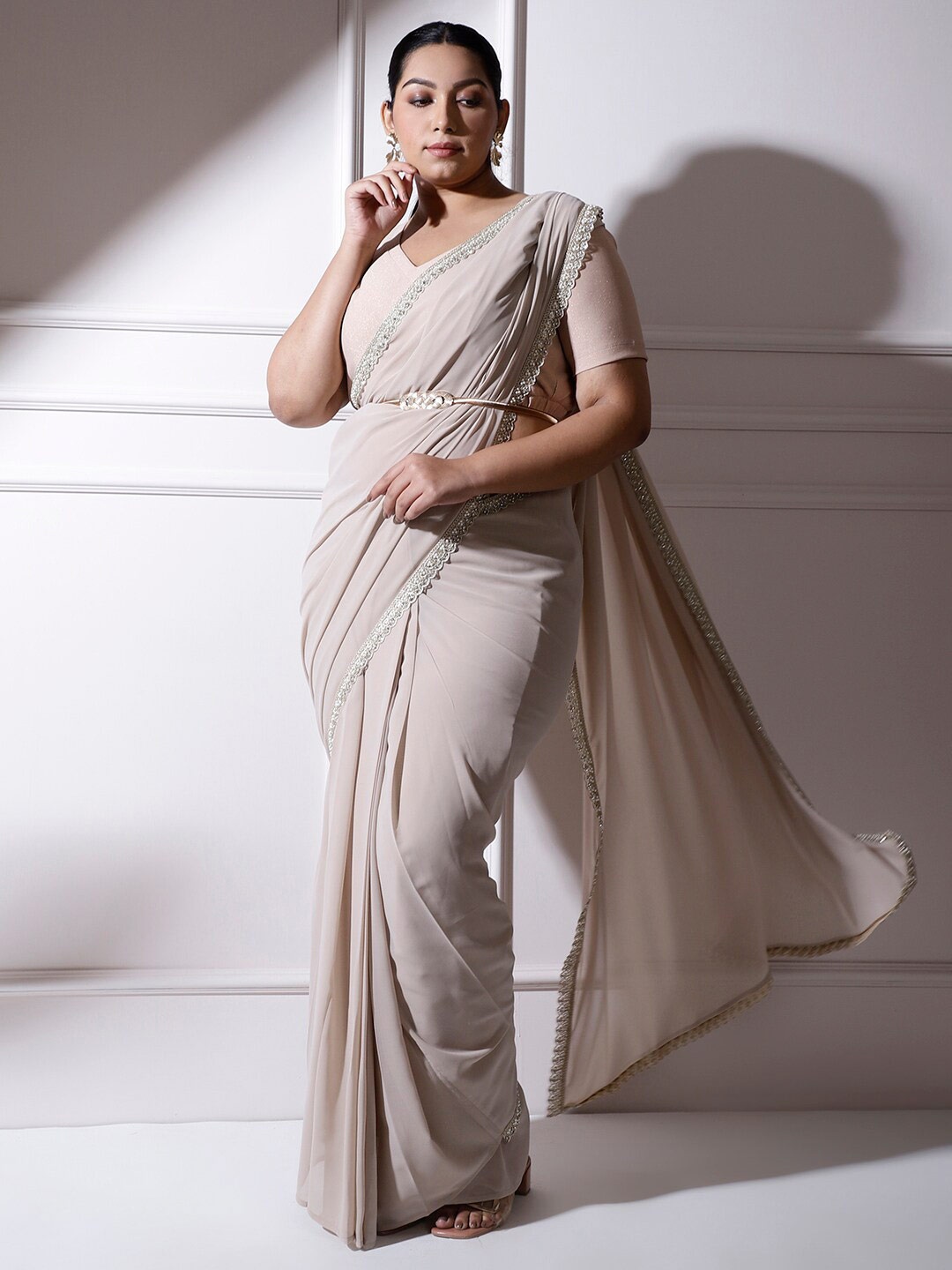 

Amydus Beads And Stones Ready To Wear Plus Size Saree, Beige