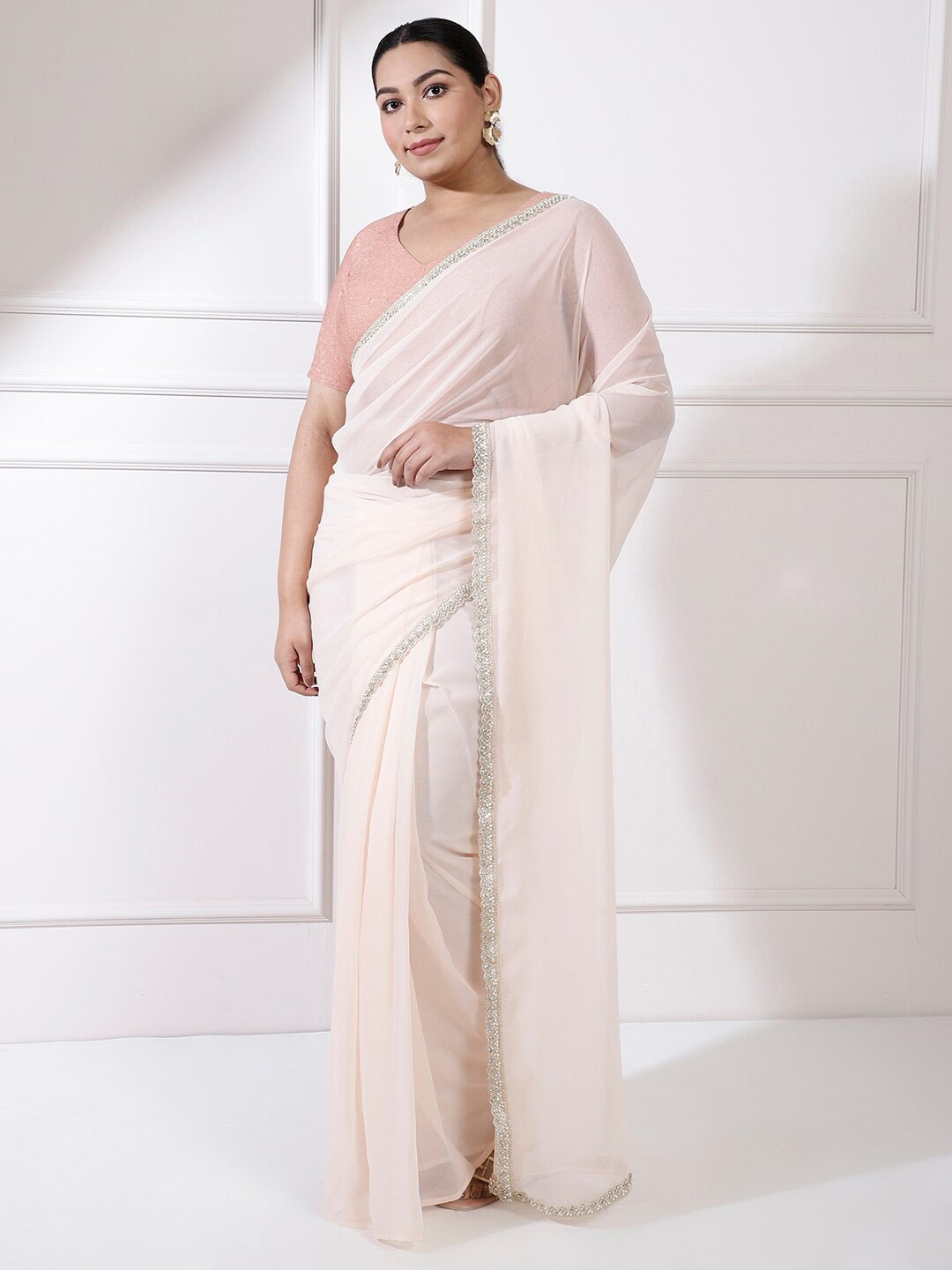 

Amydus Plus Size Sequinned Ready To Wear Saree, Peach