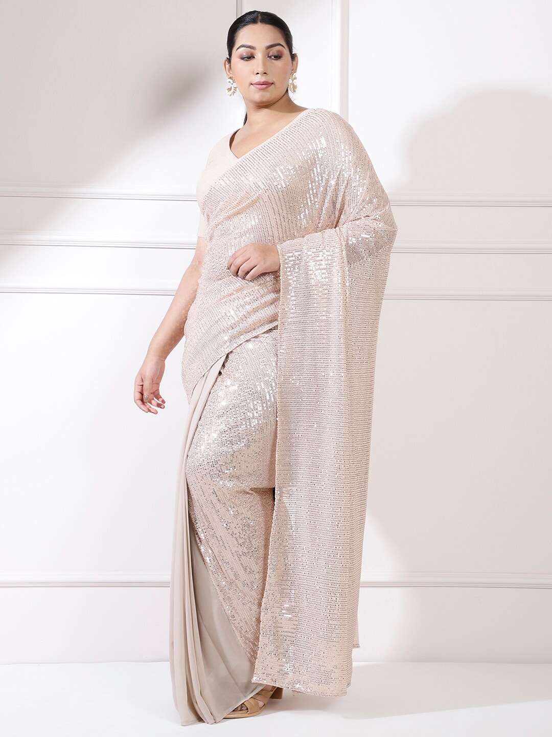Amydus Embellished Sequinned Plus Size Saree, Beige