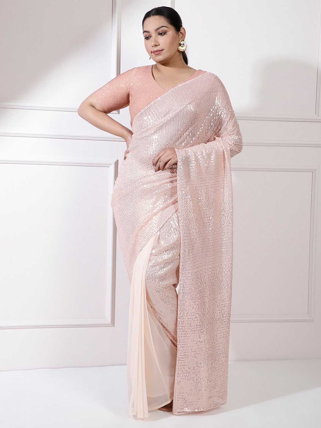 

Amydus Plus Size Embellished Sequinned Ready-To-Wear Saree, Peach