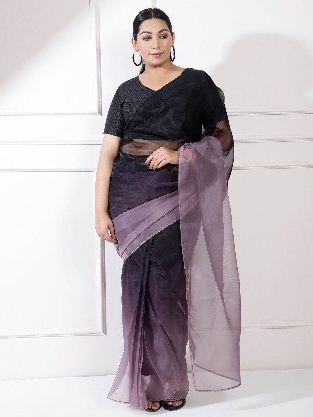 

Amydus Ombre Printed Organza Ready To Wear Plus Size Saree, Purple