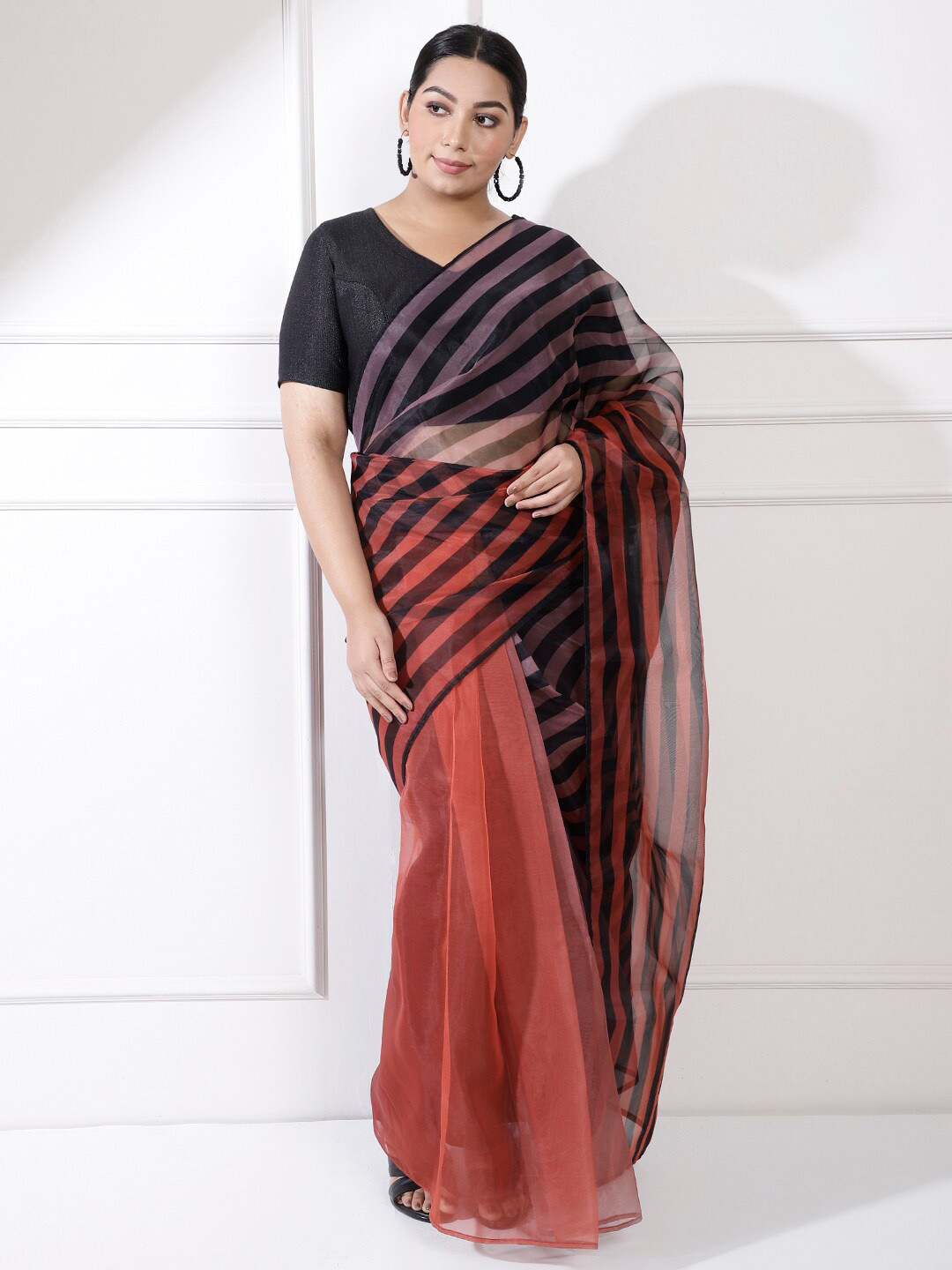

Amydus Striped Organza Ready To Wear Saree, Black