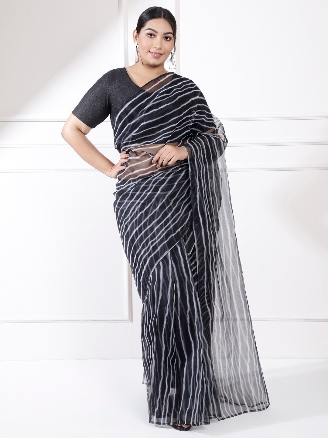 

Amydus Leheriya Printed Organza Ready To Wear Leheriya Plus Size Saree, Black