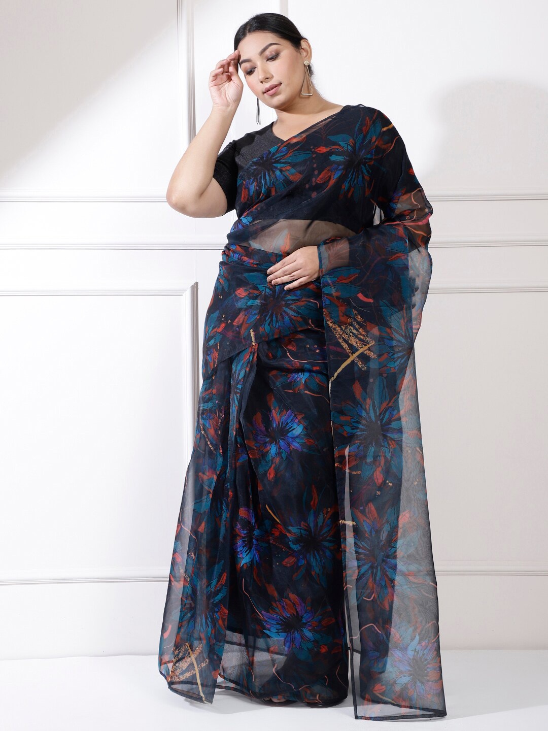 

Amydus Plus Size Floral Organza Ready To Wear Saree, Blue