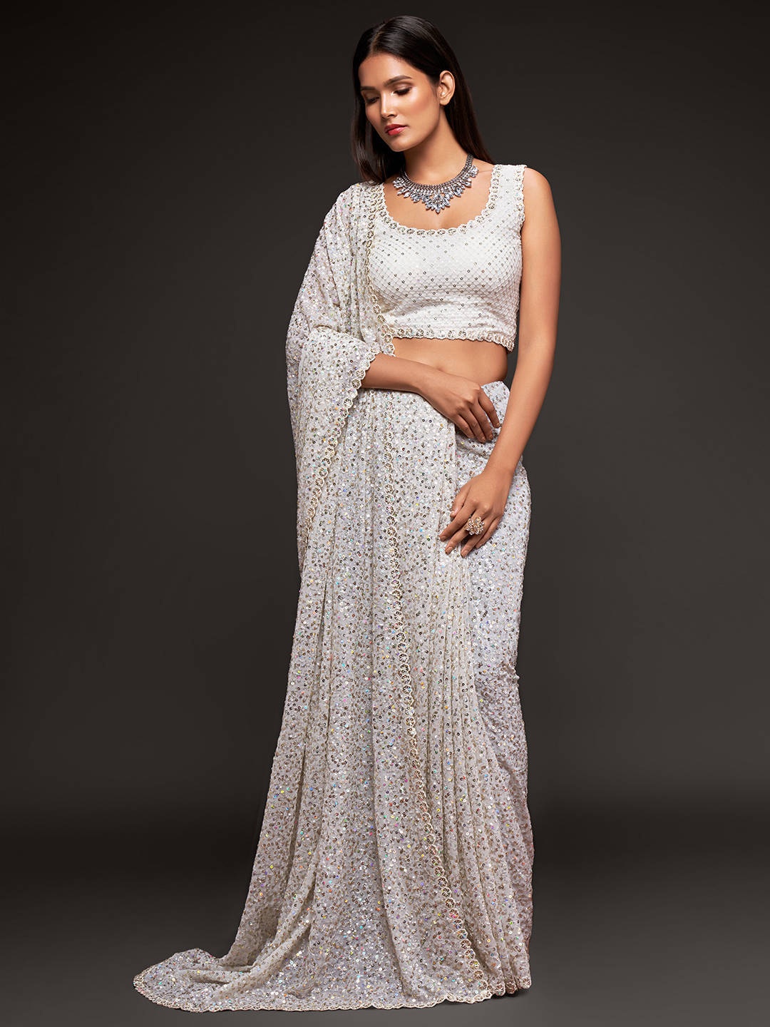 

FABPIXEL Embellished Sequinned Pure Georgette Saree, White