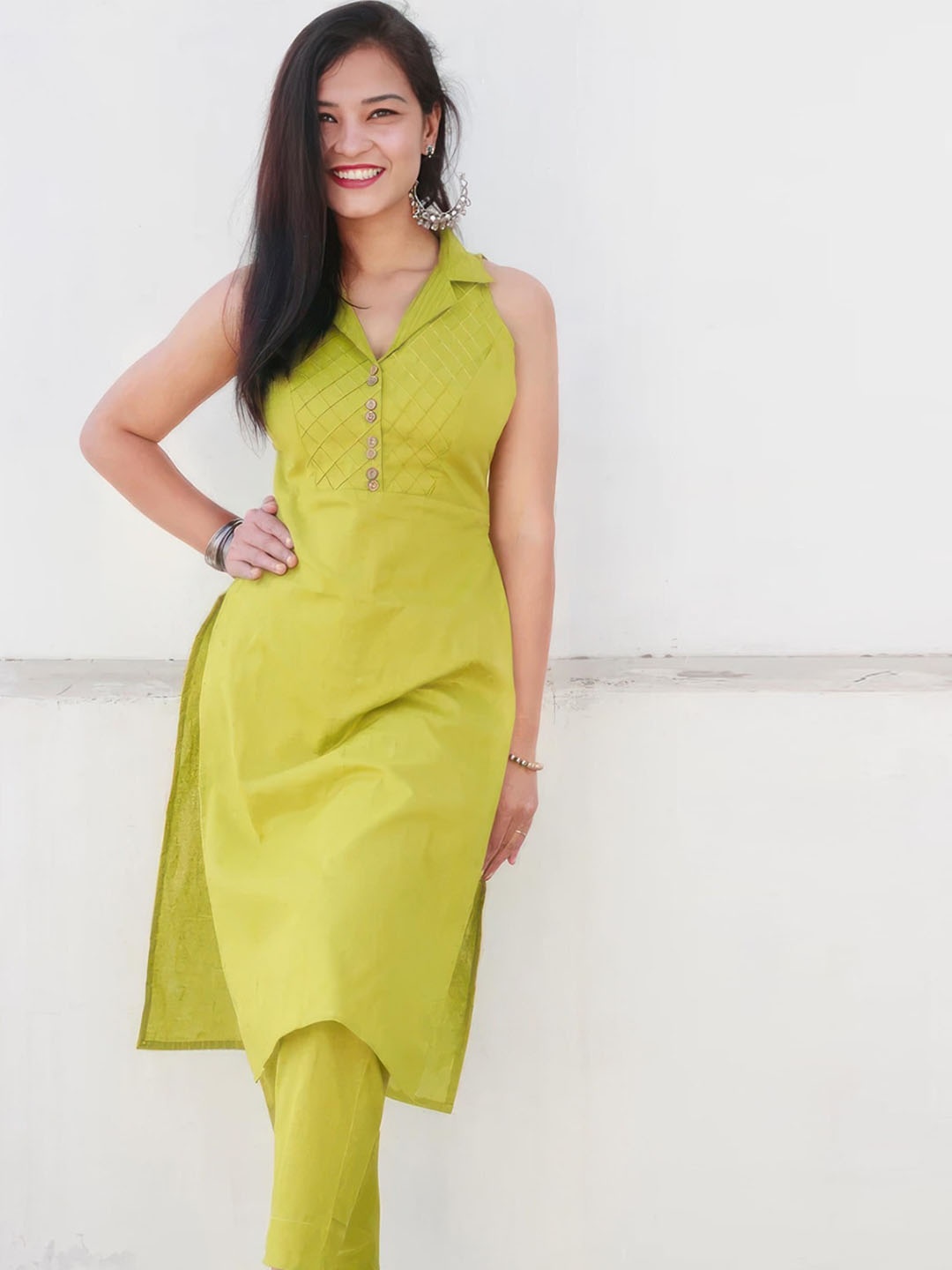 

ANAYKAA Cuban Collar Regular Pure Cotton Kurta with Pyjamas, Green