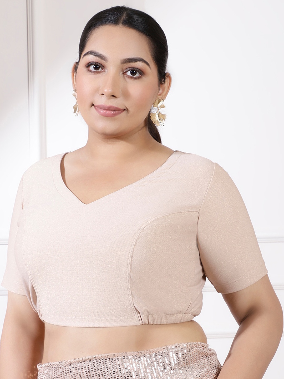 Amydus Plus Size Shimmery Saree Blouse, Beige