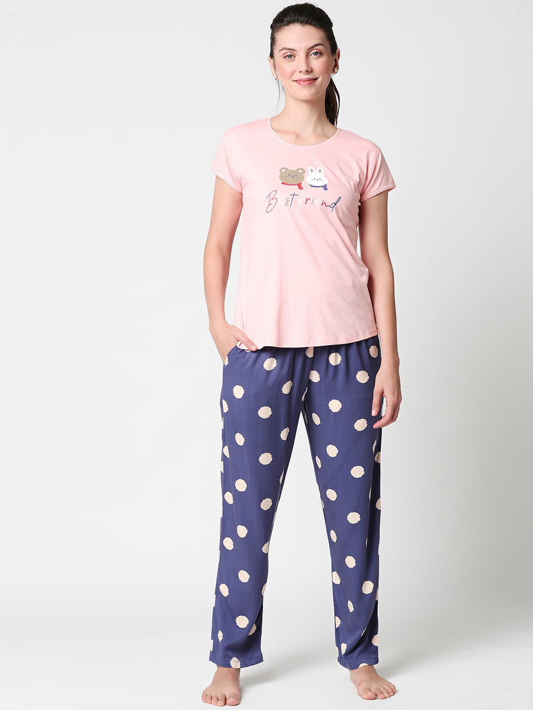 

Zeyo Women Printed Pure Cotton Top With Pajama, Short, Pink