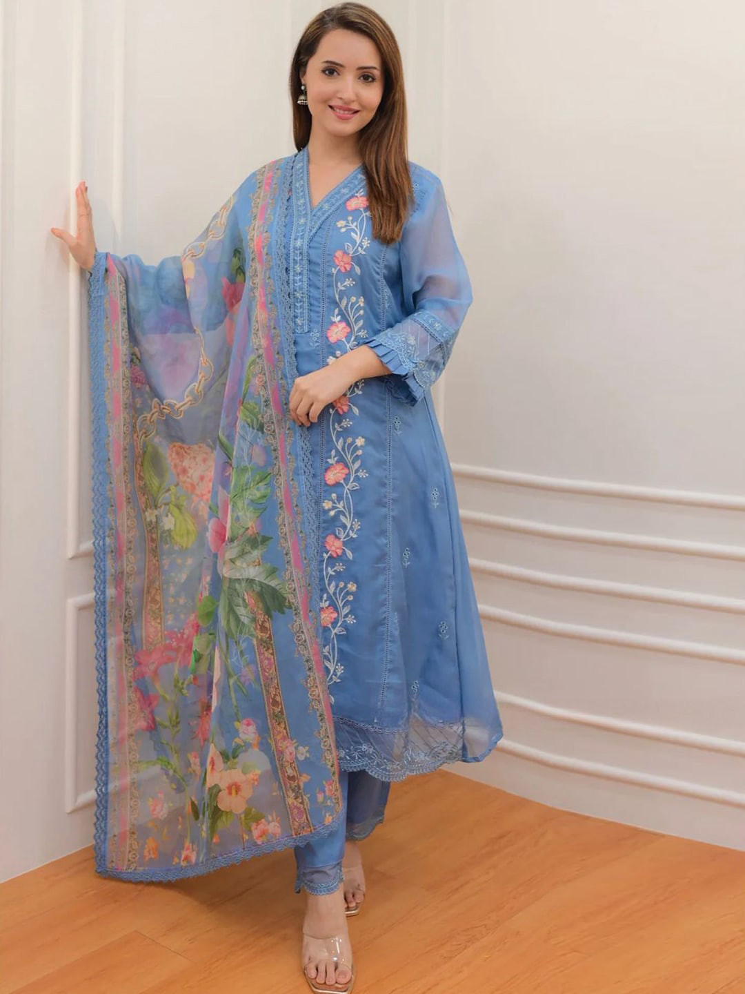 

KALINI Floral Embroidered Regular Thread Work Kurta with Trousers & Dupatta, Blue