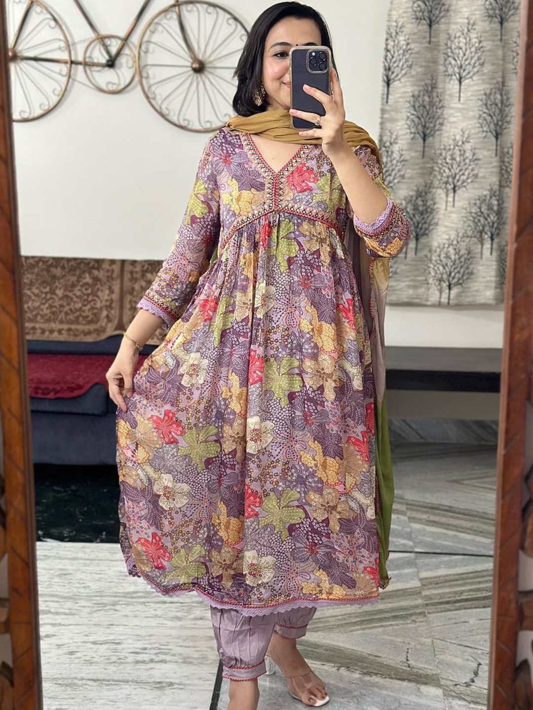 

KALINI Floral Printed Empire Mirror Work Kurta with Harem Pants & Dupatta, Purple