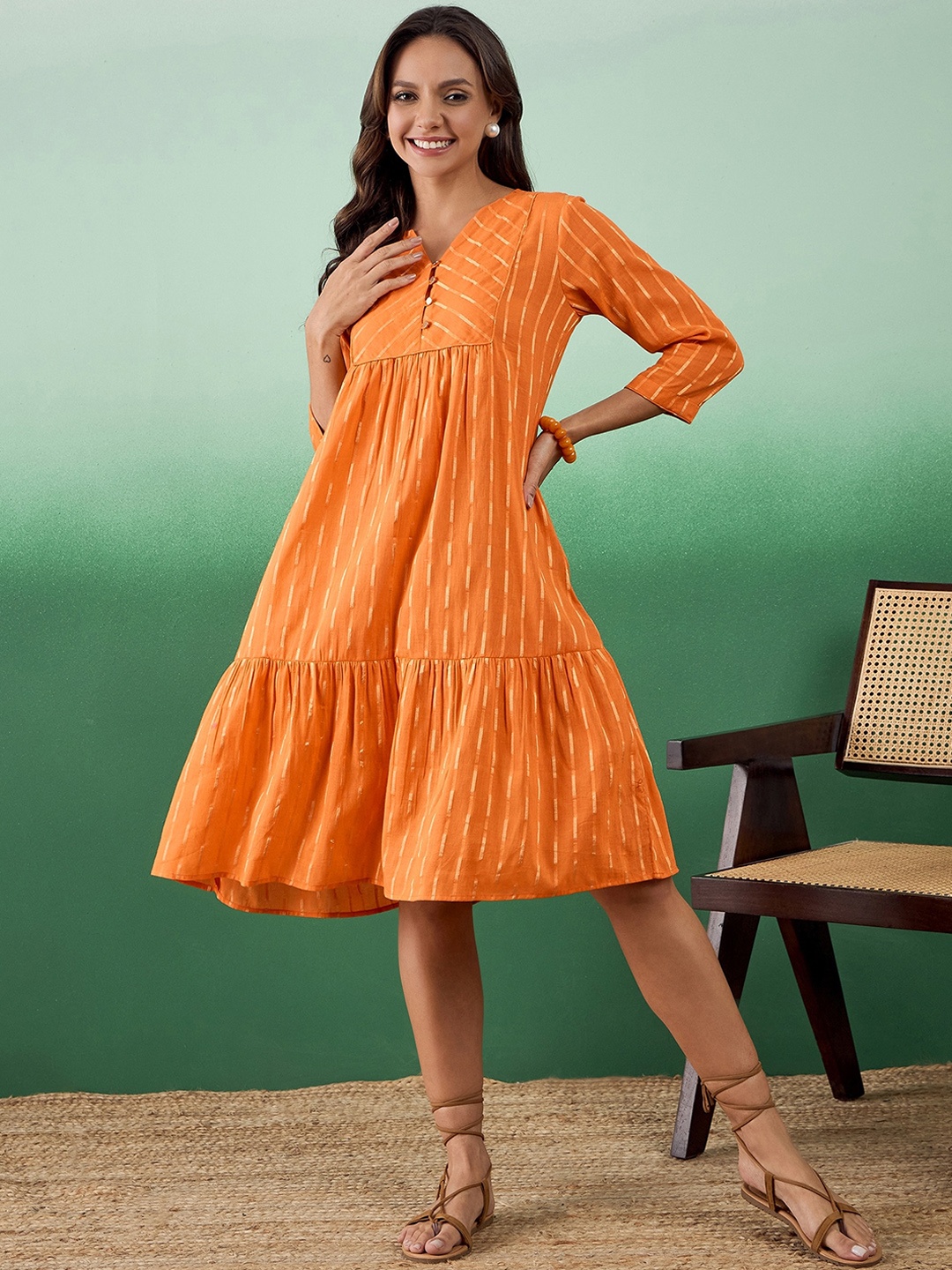 

Sangria Abstract Printed Fit & Flare Pure Cotton Ethnic Dress, Orange