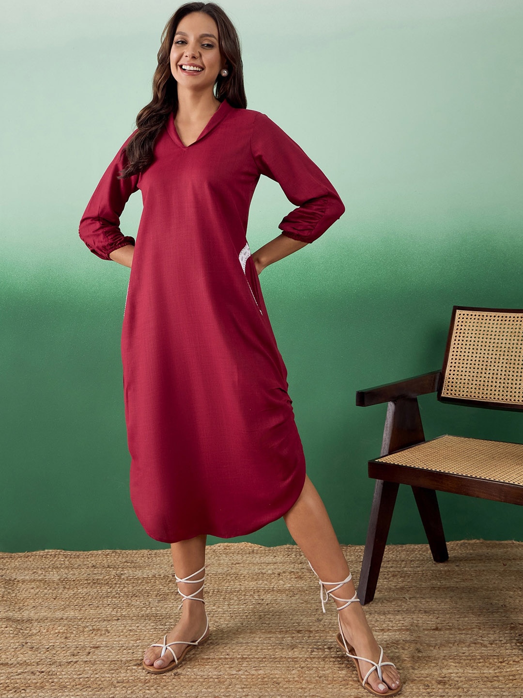 

Sangria Shirt Collar A-Line Ethnic Dress, Maroon