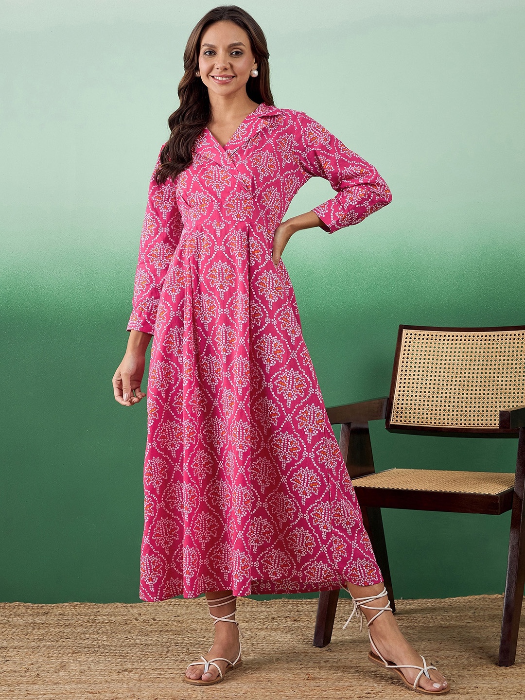 

Sangria Floral Printed Pleated Fit & Flare Pure Cotton Ethnic Dress, Pink
