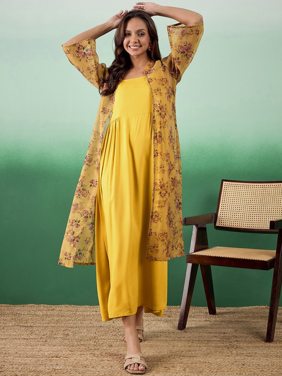 

Sangria Sleeveless Fit & Flare Ethnic Dress With Printed Shrug, Yellow