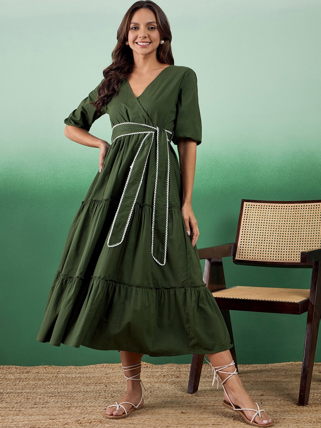 

Sangria V-Neck Belted Pure Cotton Wrap Ethnic Dress, Green