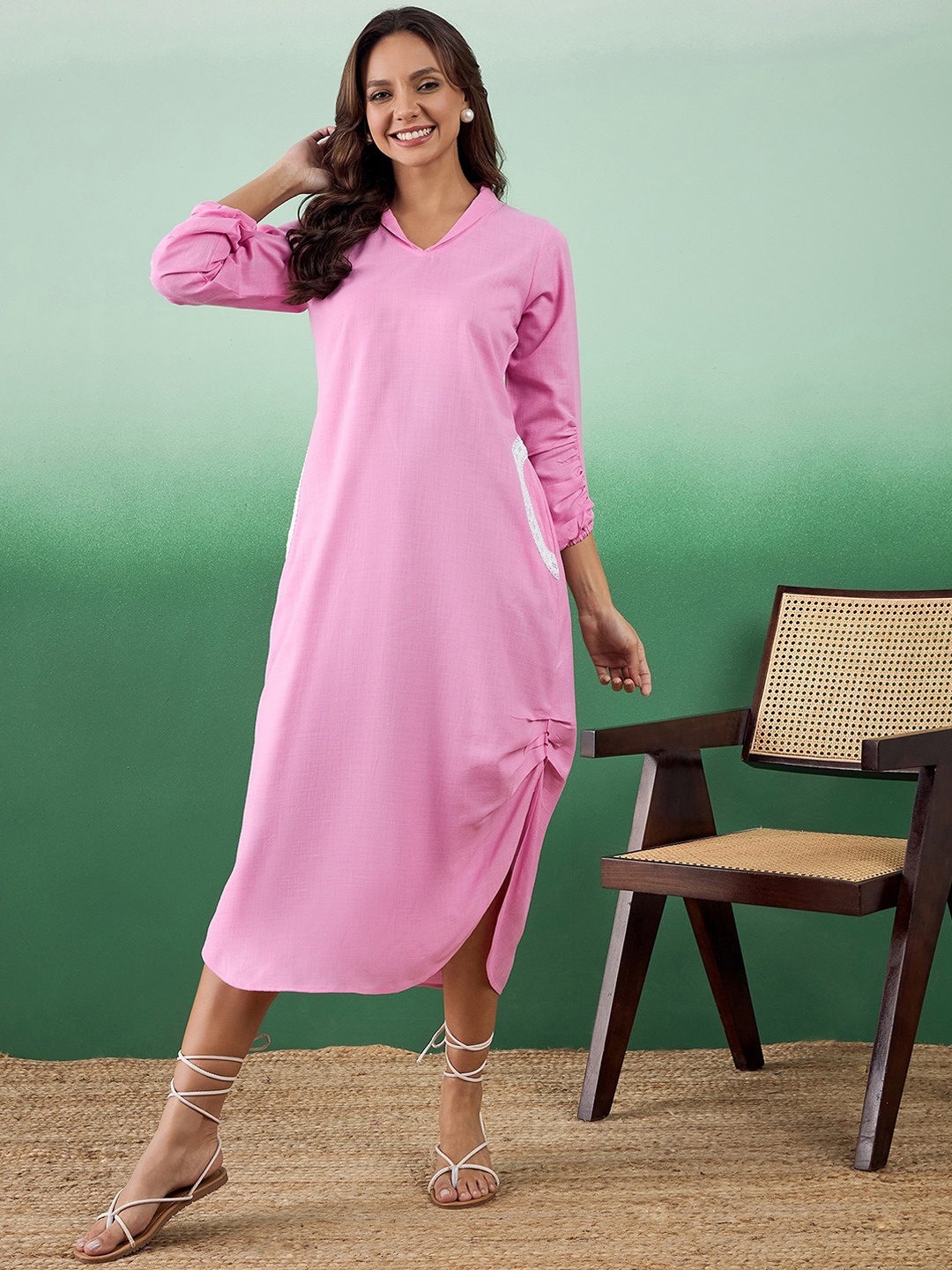 

Sangria Laced Shirt Collar Ruched Detail Curved Midi A-Line Ethnic Dress, Pink
