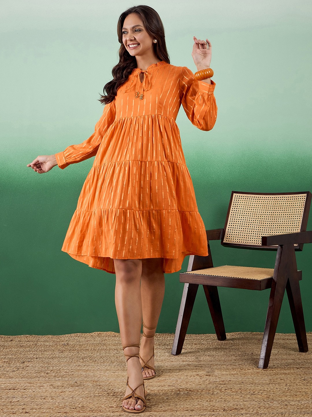 

Sangria Striped Pure Cotton Fit & Flare Tiered Ethnic Dress, Orange