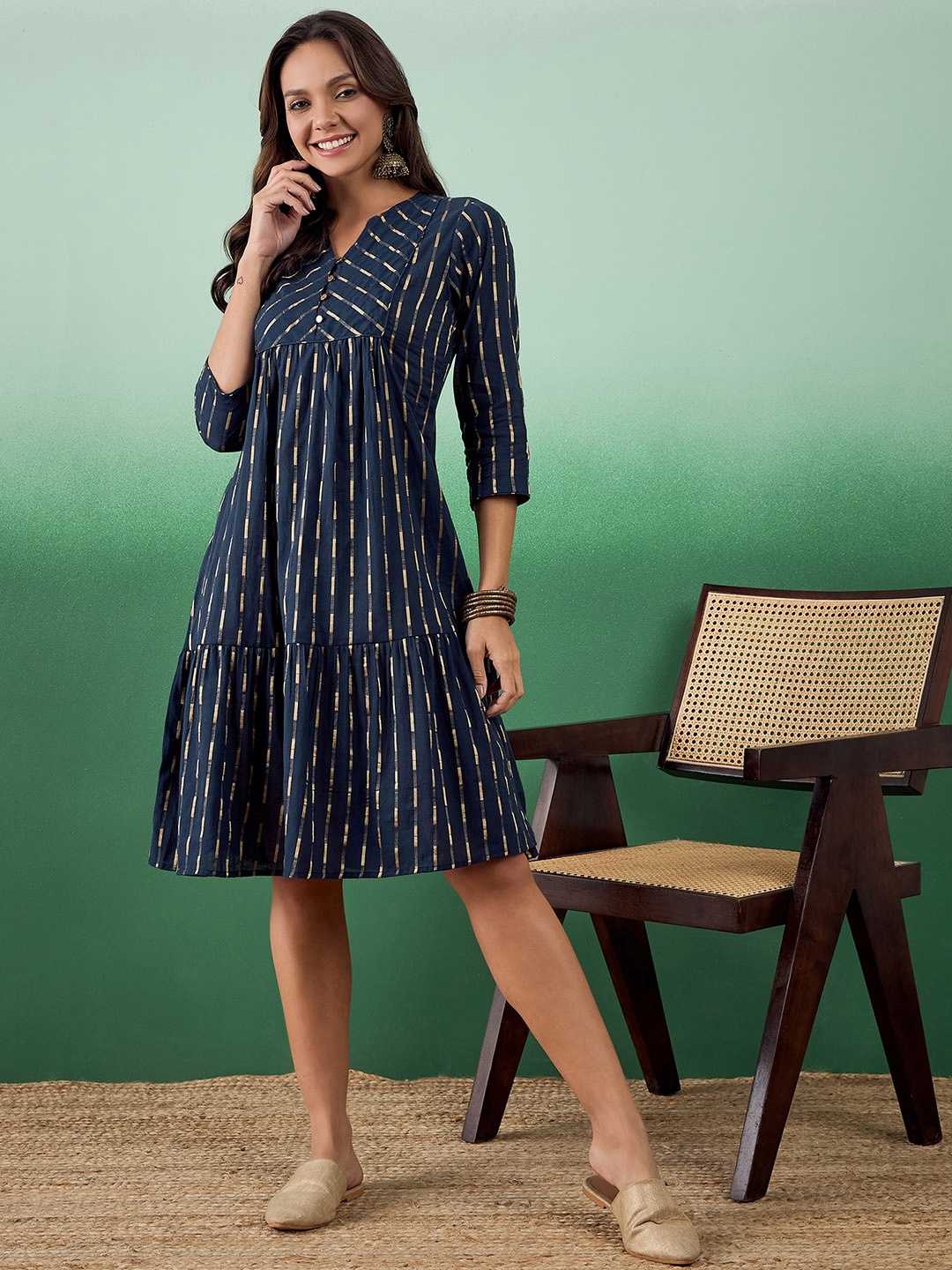 

Sangria Abstract Printed Fit & Flare Pure Cotton Ethnic Dress, Navy blue