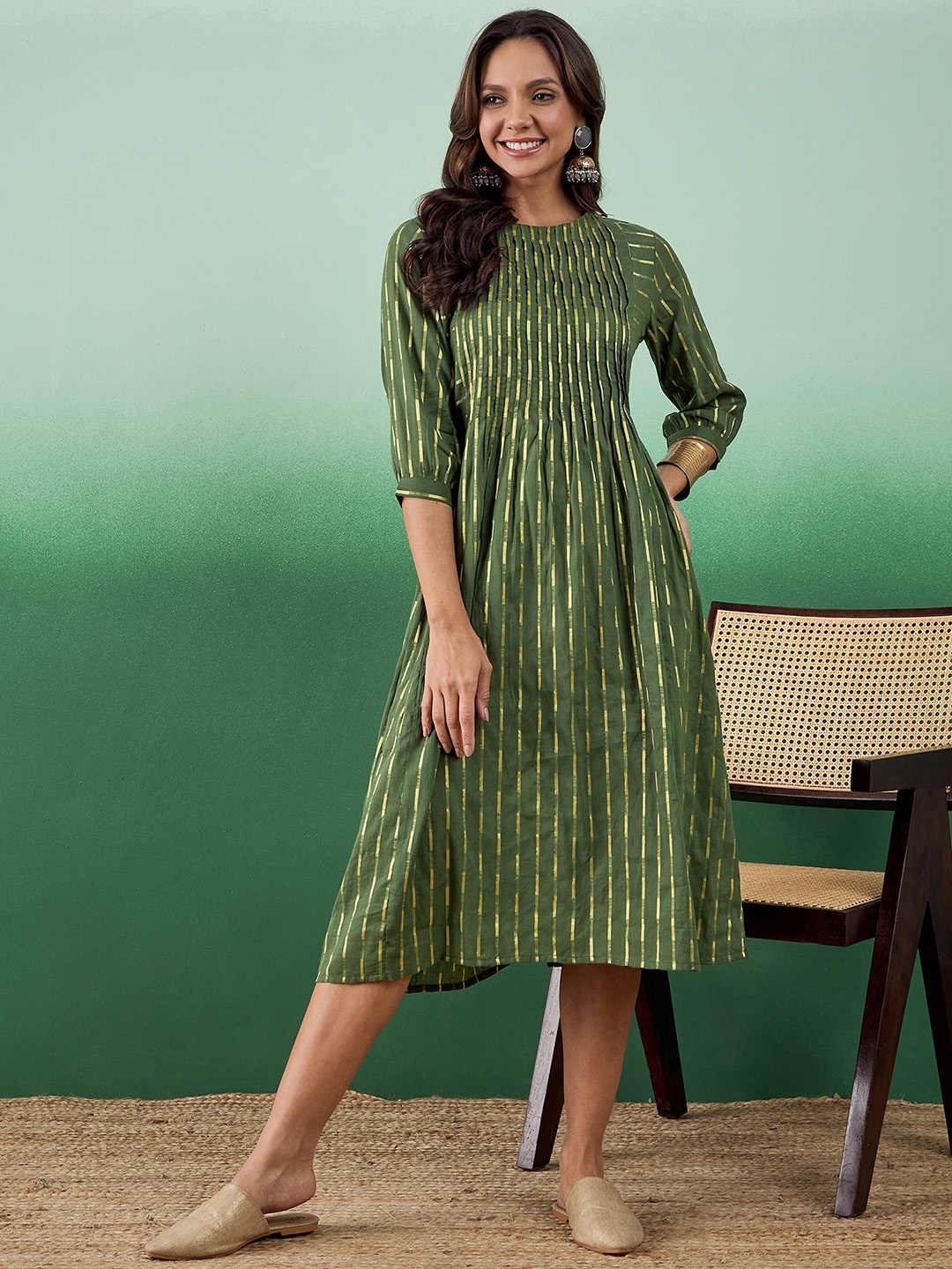 

Sangria Abstract Printed Pure Cotton Fit & Flare Ethnic Dress, Green