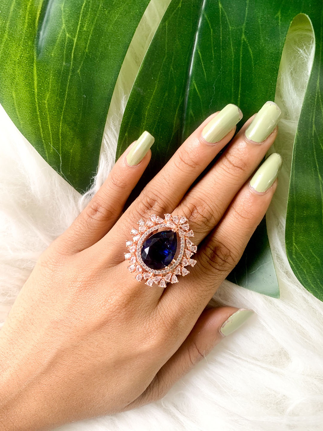 

I Jewels Rose-Gold Plated & CZ Studded Finger Ring, Blue