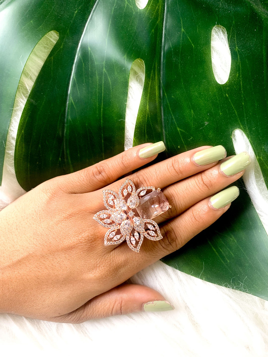

I Jewels Rose Gold Plated CZ AD Stone Studded Finger Ring