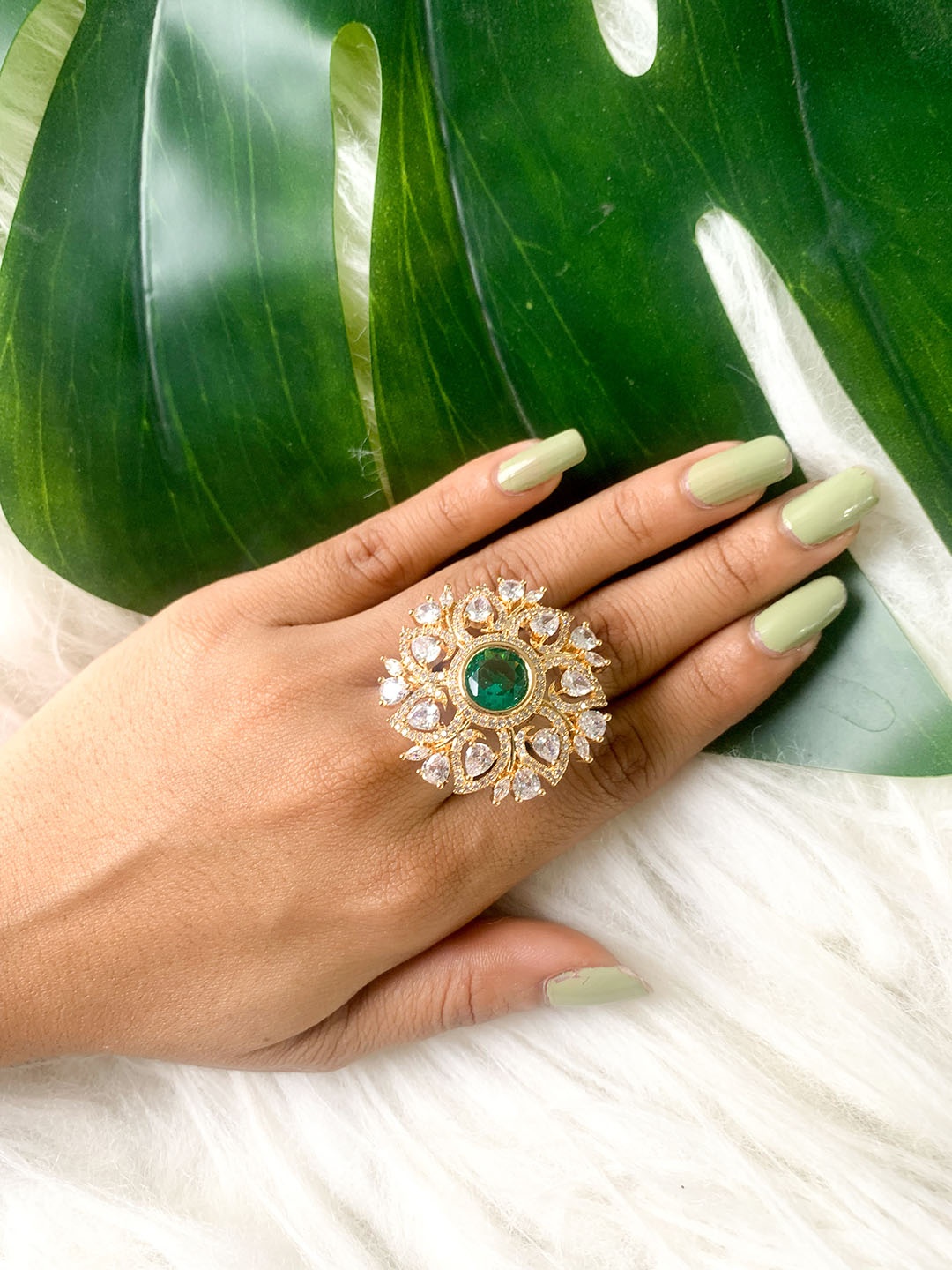 

I Jewels Rose Gold Plated CZ & AD Studded Adjustable Finger Ring