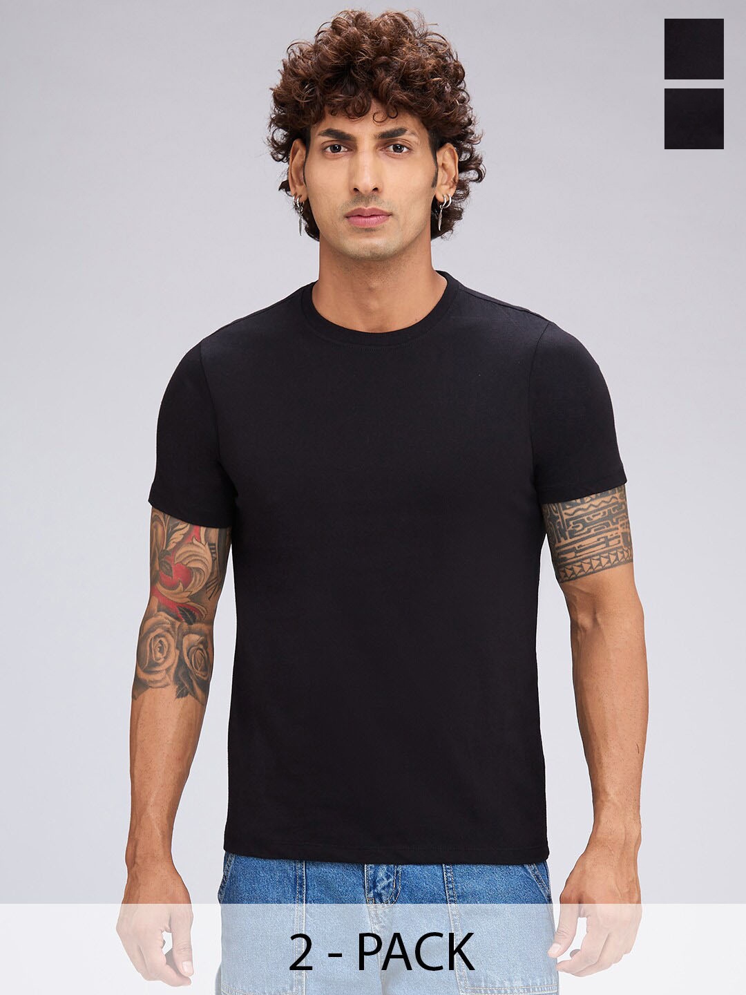 

NOIRA Pack Of 2 Round Neck Short Sleeves Cotton T-shirts, Black