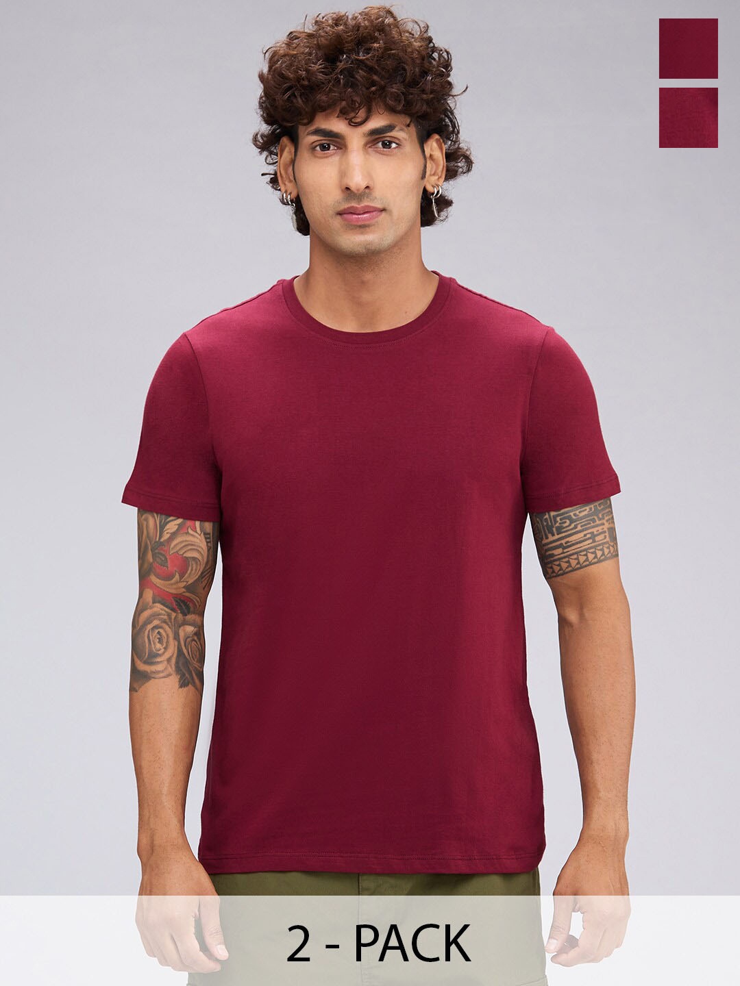 

NOIRA Pack Of 2 Round Neck Short Sleeves Cotton T-shirts, Maroon