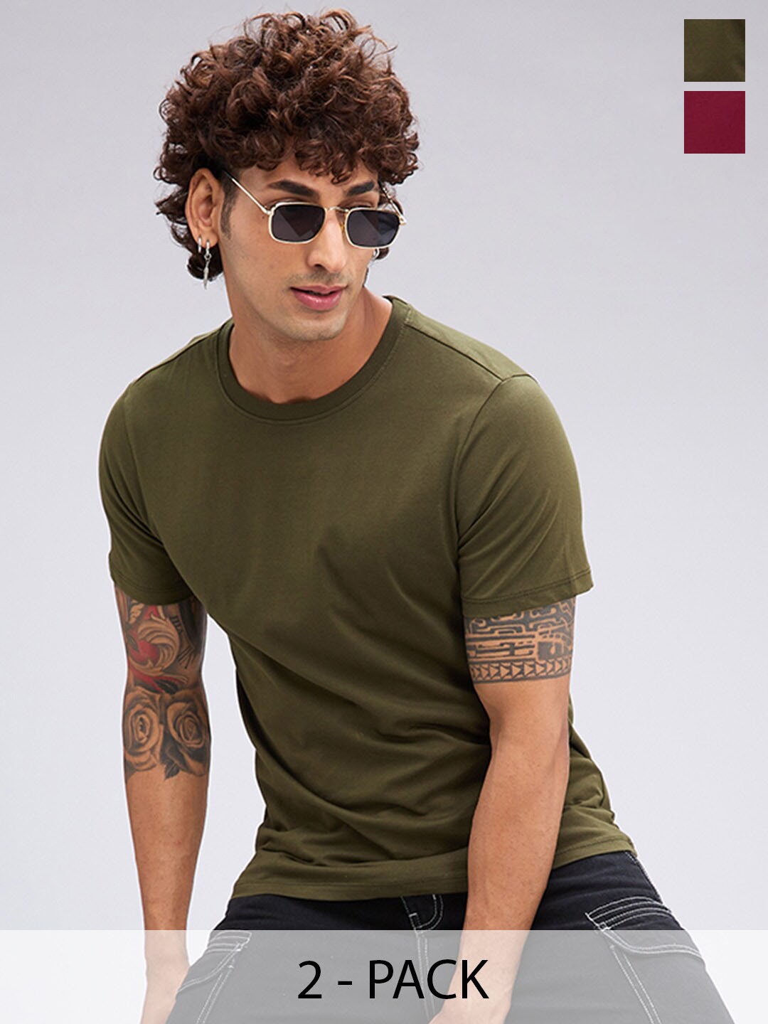 

NOIRA Pack Of 2 Round Neck Short Sleeves Cotton T-shirts, Maroon