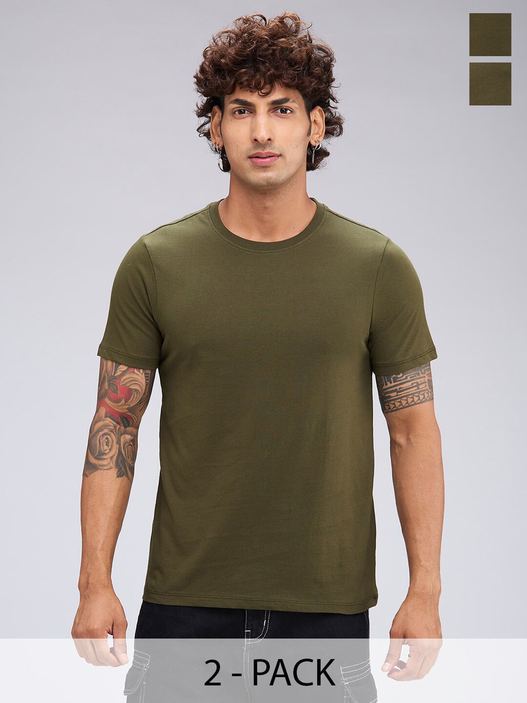 

NOIRA Pack Of 2 Round Neck Short Sleeves Cotton T-shirts, Olive