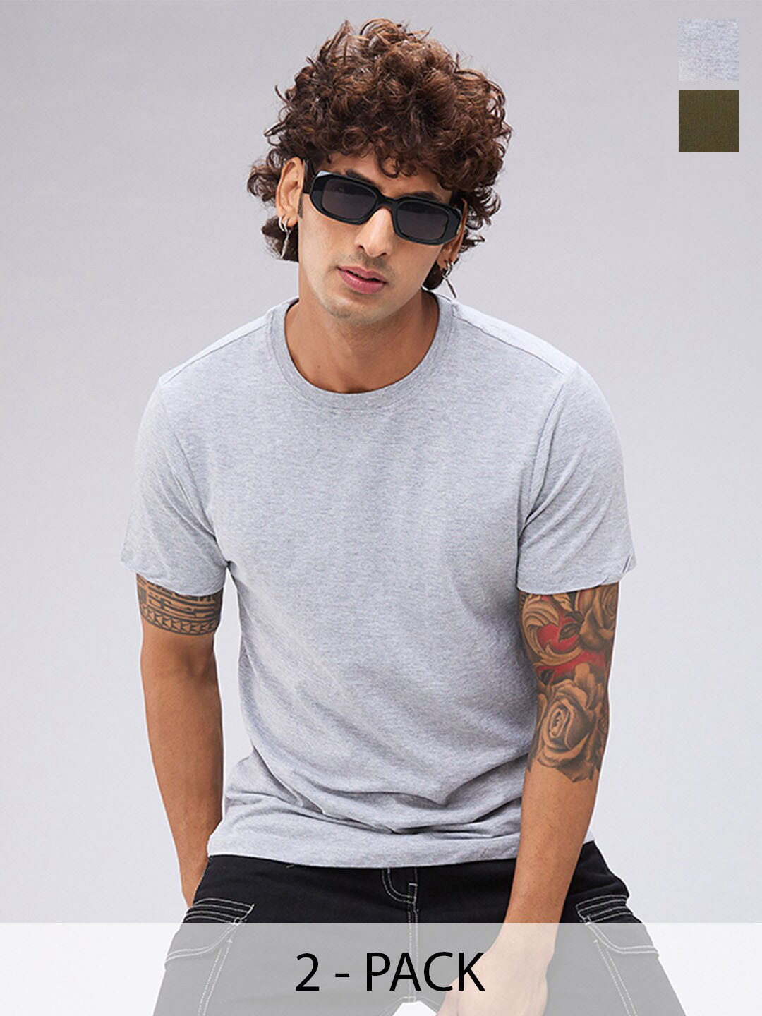 

NOIRA Pack Of 2 Round Neck Short Sleeves Cotton T-shirts, Grey