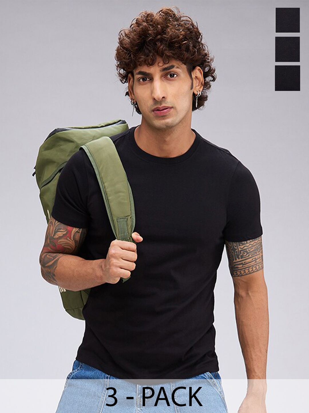 

NOIRA Pack Of 3 Round Neck Cotton T-shirts, Black