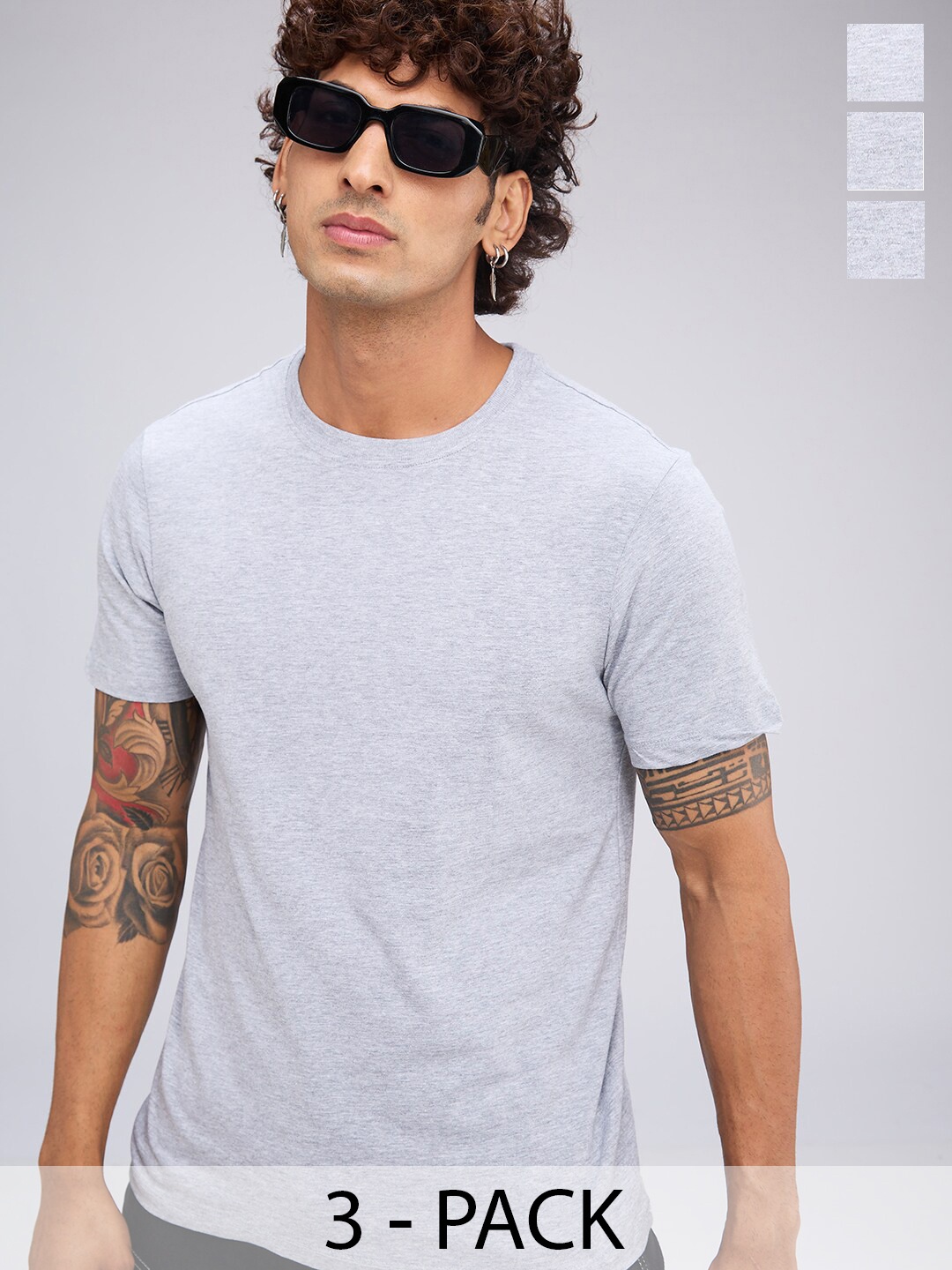 

NOIRA Pack Of 3 Round Neck Cotton T-shirts, Grey