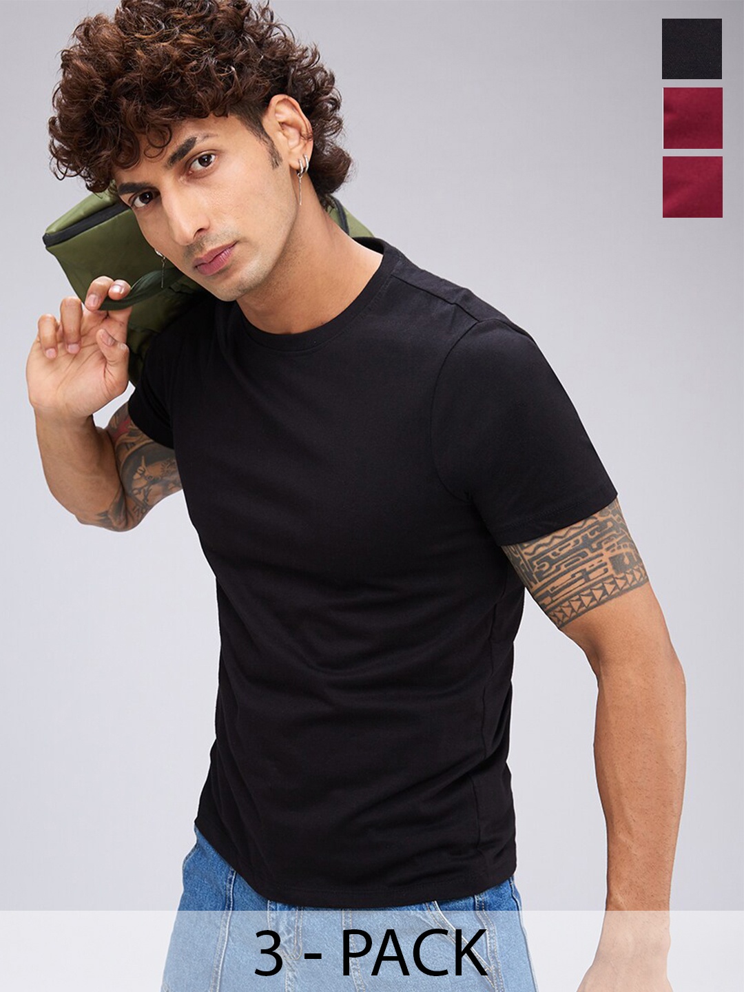 

NOIRA Pack Of 3 Round Neck Cotton T-shirts, Black