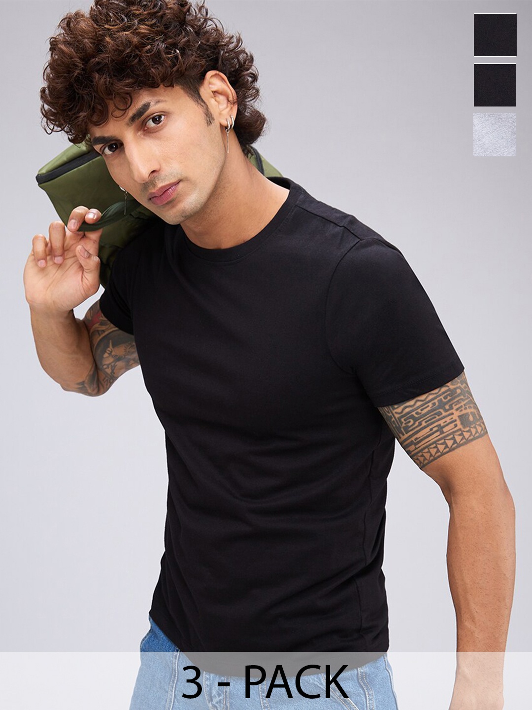 

NOIRA Pack Of 3 Round Neck Cotton T-shirts, Black