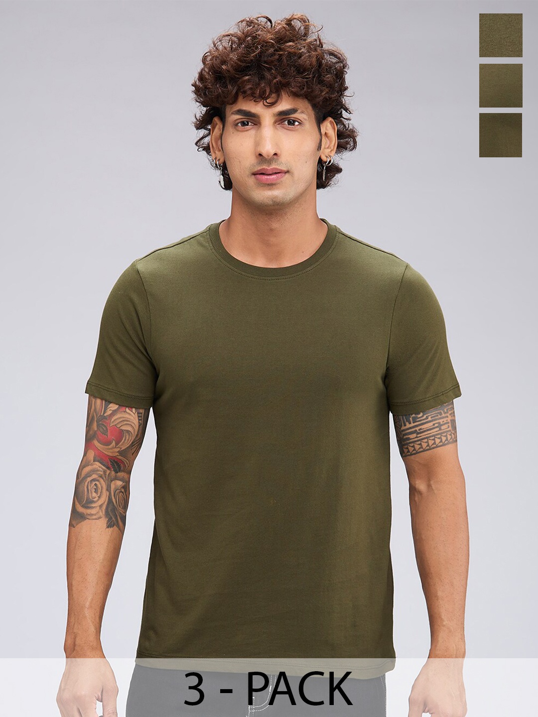 

NOIRA Pack Of 3 Round Neck Cotton T-shirts, Olive