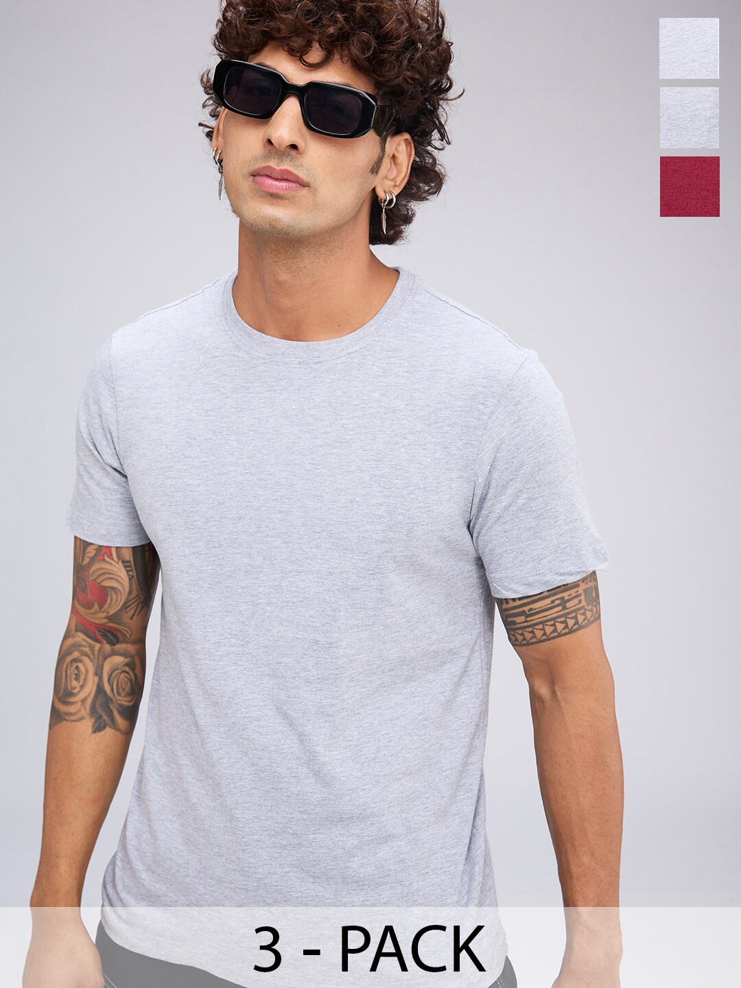

NOIRA Pack Of 3 Round Neck Cotton T-shirts, Grey