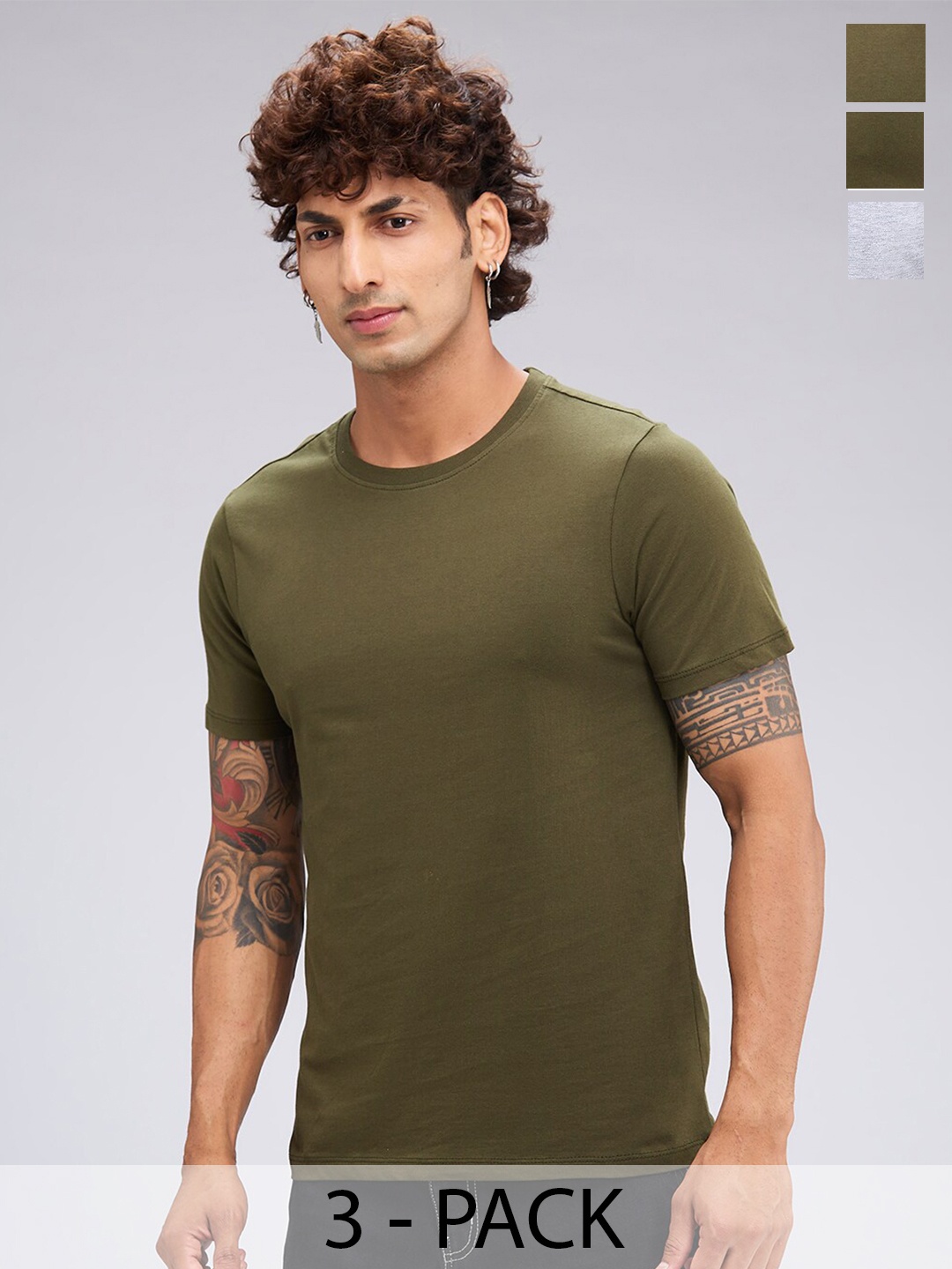 

NOIRA Pack Of 3 Round Neck Cotton T-shirts, Grey