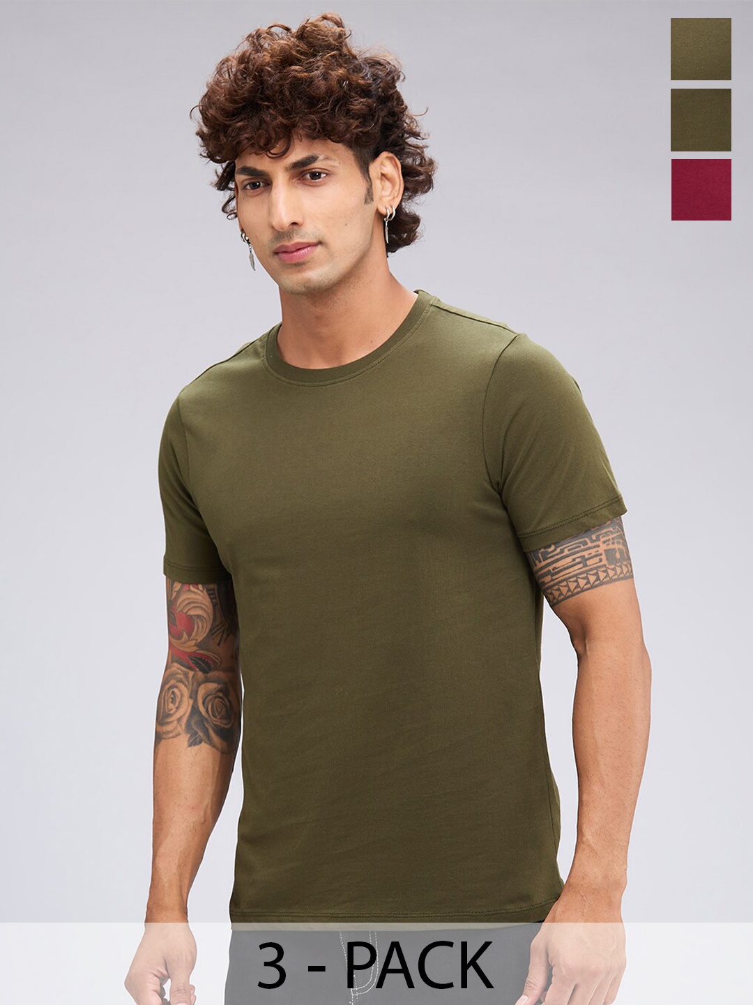 

NOIRA Pack Of 3 Round Neck Cotton T-shirts, Maroon