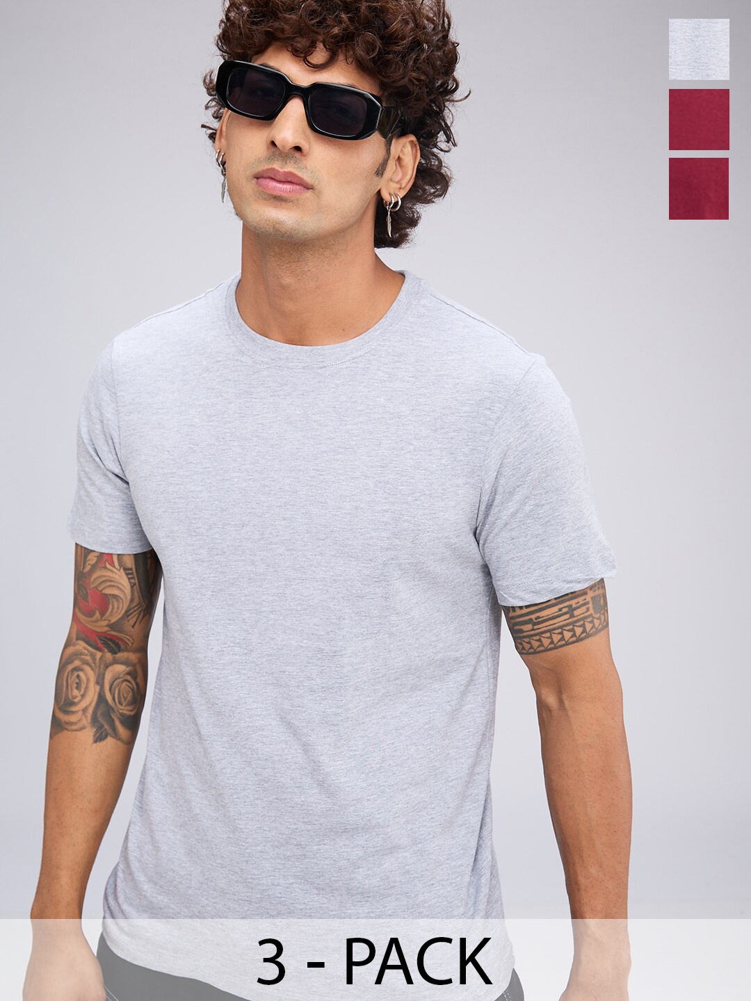 

NOIRA Pack Of 3 Round Neck Cotton T-shirts, Grey