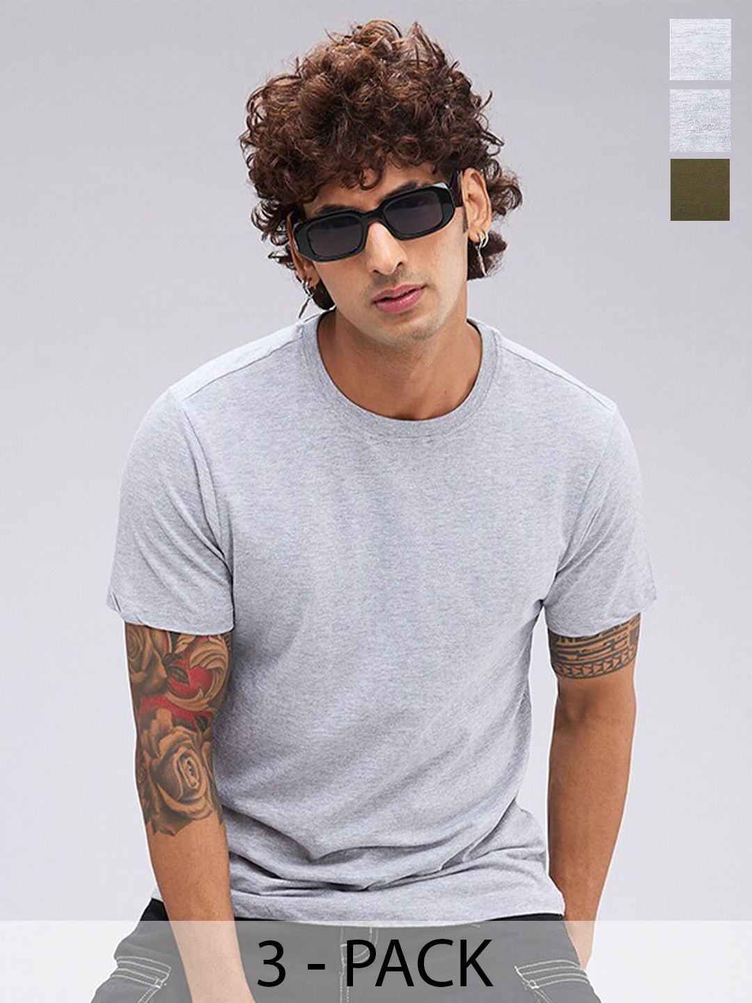 

NOIRA Pack Of 3 Round Neck Cotton T-shirts, Grey