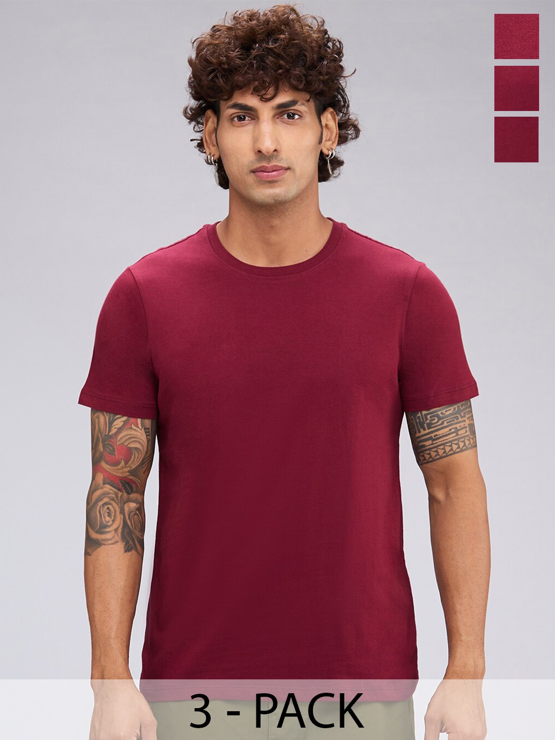 

NOIRA Pack Of 3 Round Neck Cotton T-shirts, Maroon