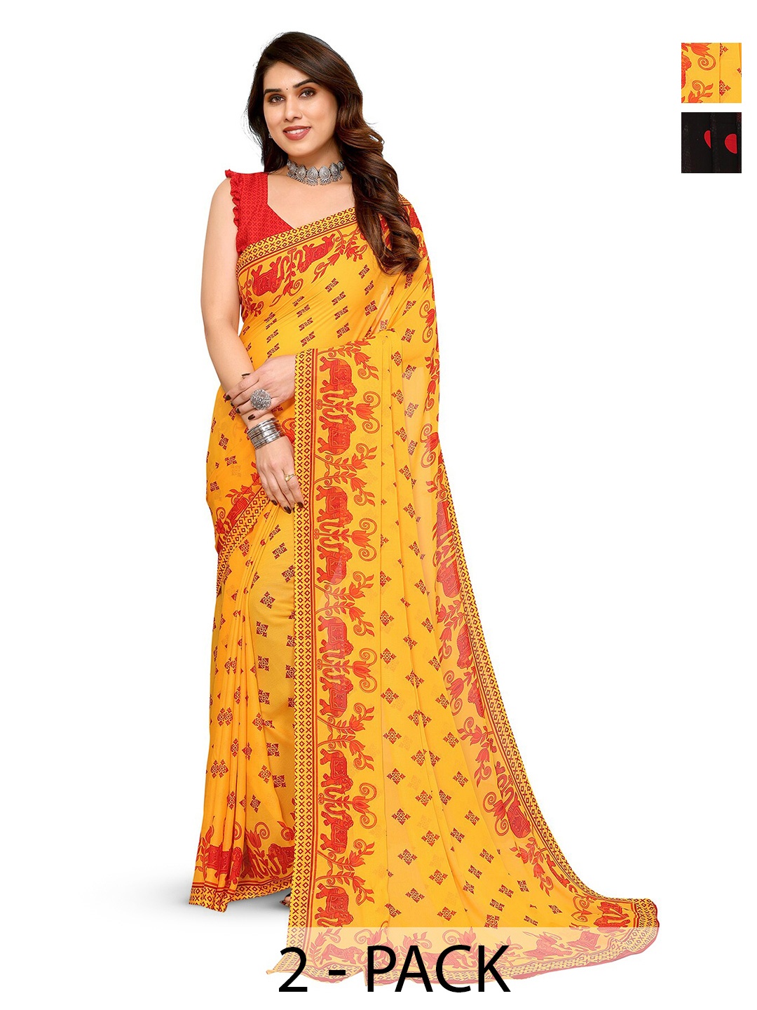 

ANAND SAREES Selection Of 2 Polka Dot Printed Sarees, Black