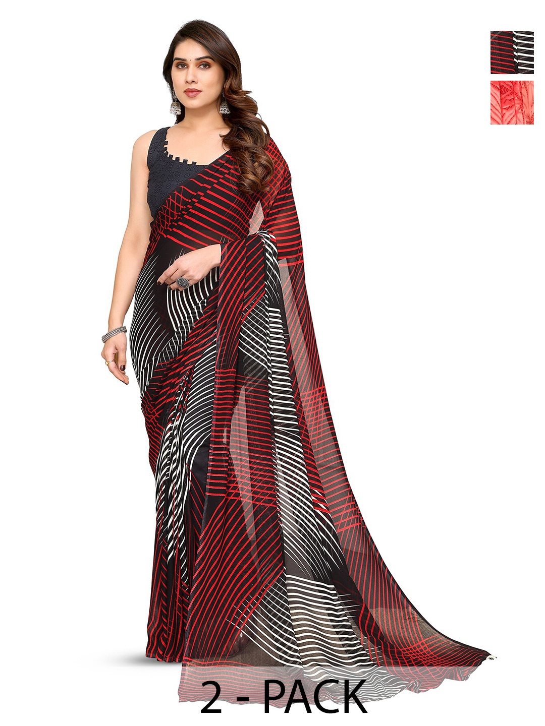 

ANAND SAREES Selection Of 2 Geometric Printed Sarees, Red