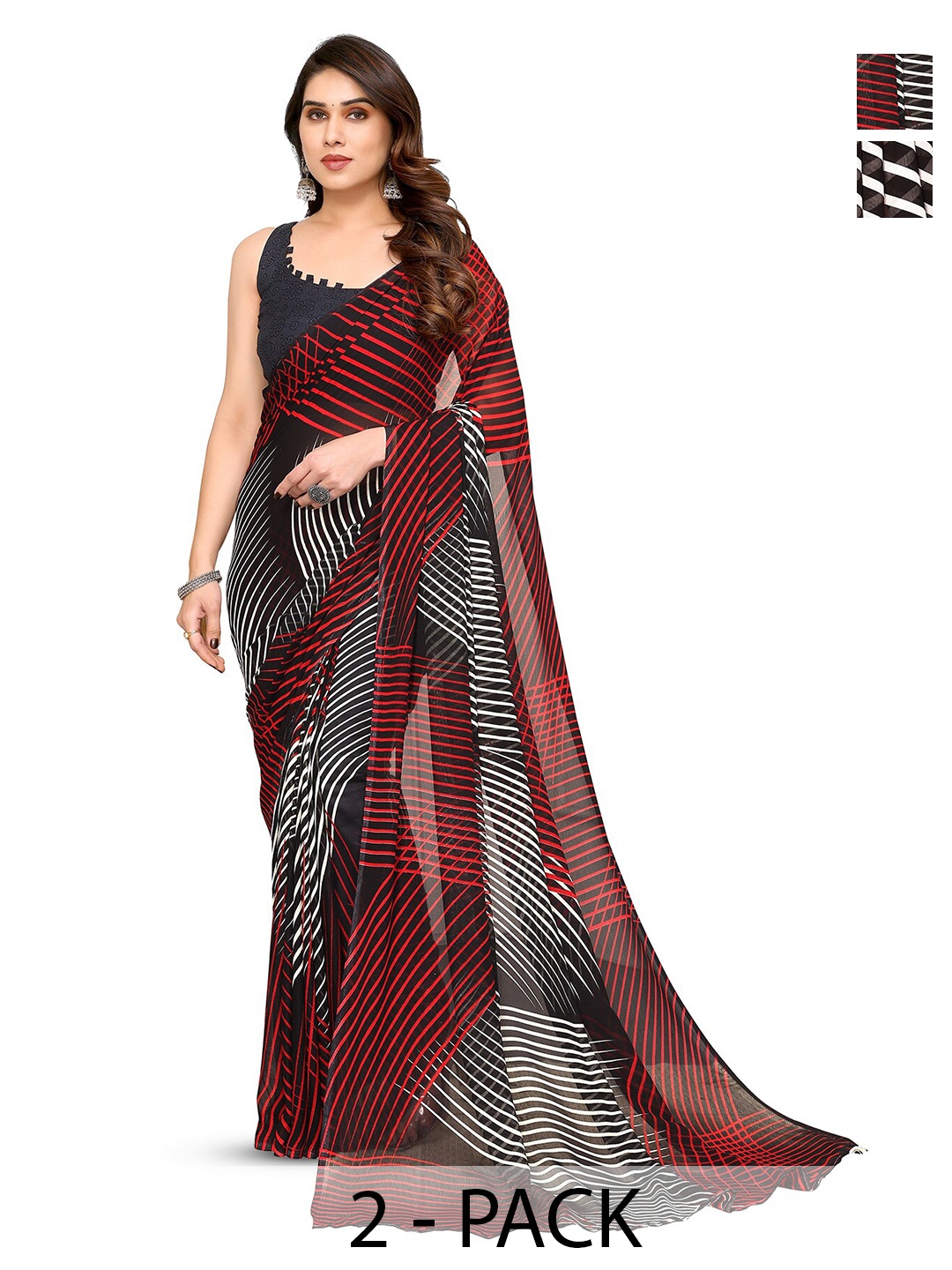 

ANAND SAREES Selection Of 2 Striped Printed Saree, Red