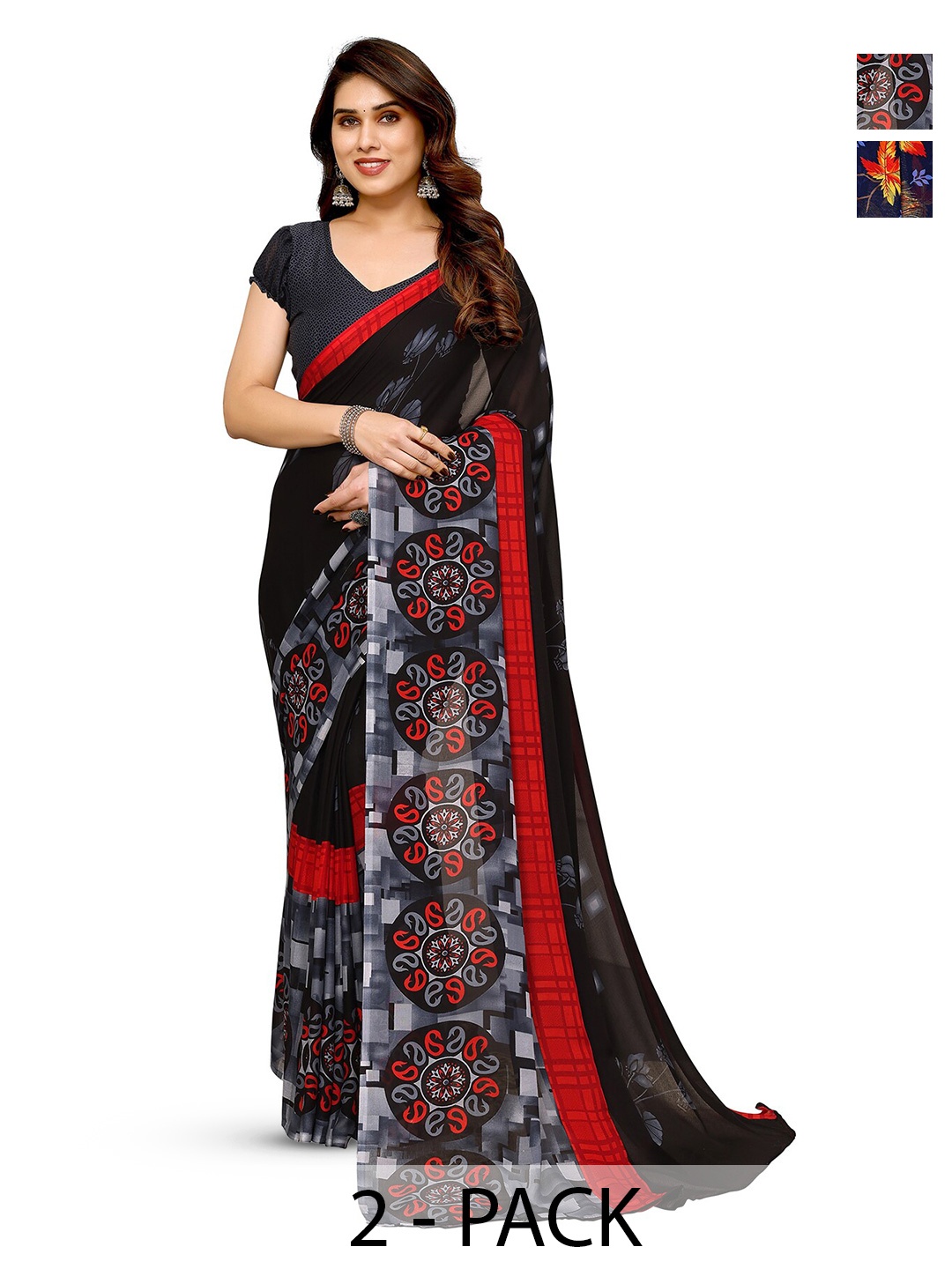 

ANAND SAREES Selection Of 2 Floral Printed Sarees, Blue