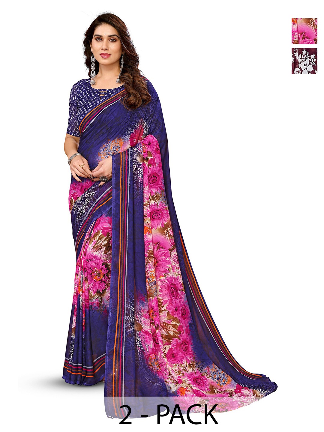 

ANAND SAREES Selection Of 2 Printed Sarees, Blue