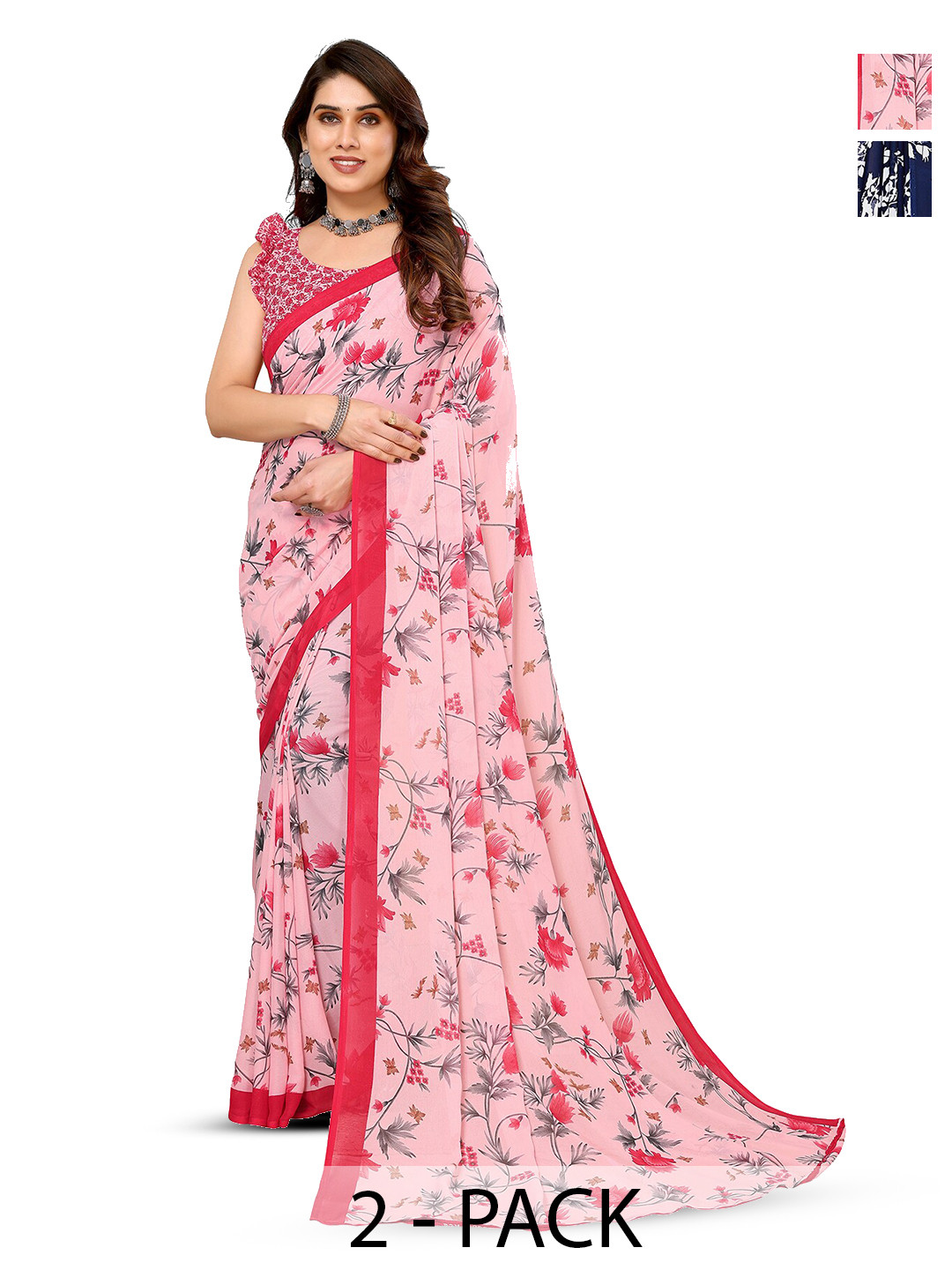 

ANAND SAREES Selection Of 2 Floral Printed Sarees, Navy blue
