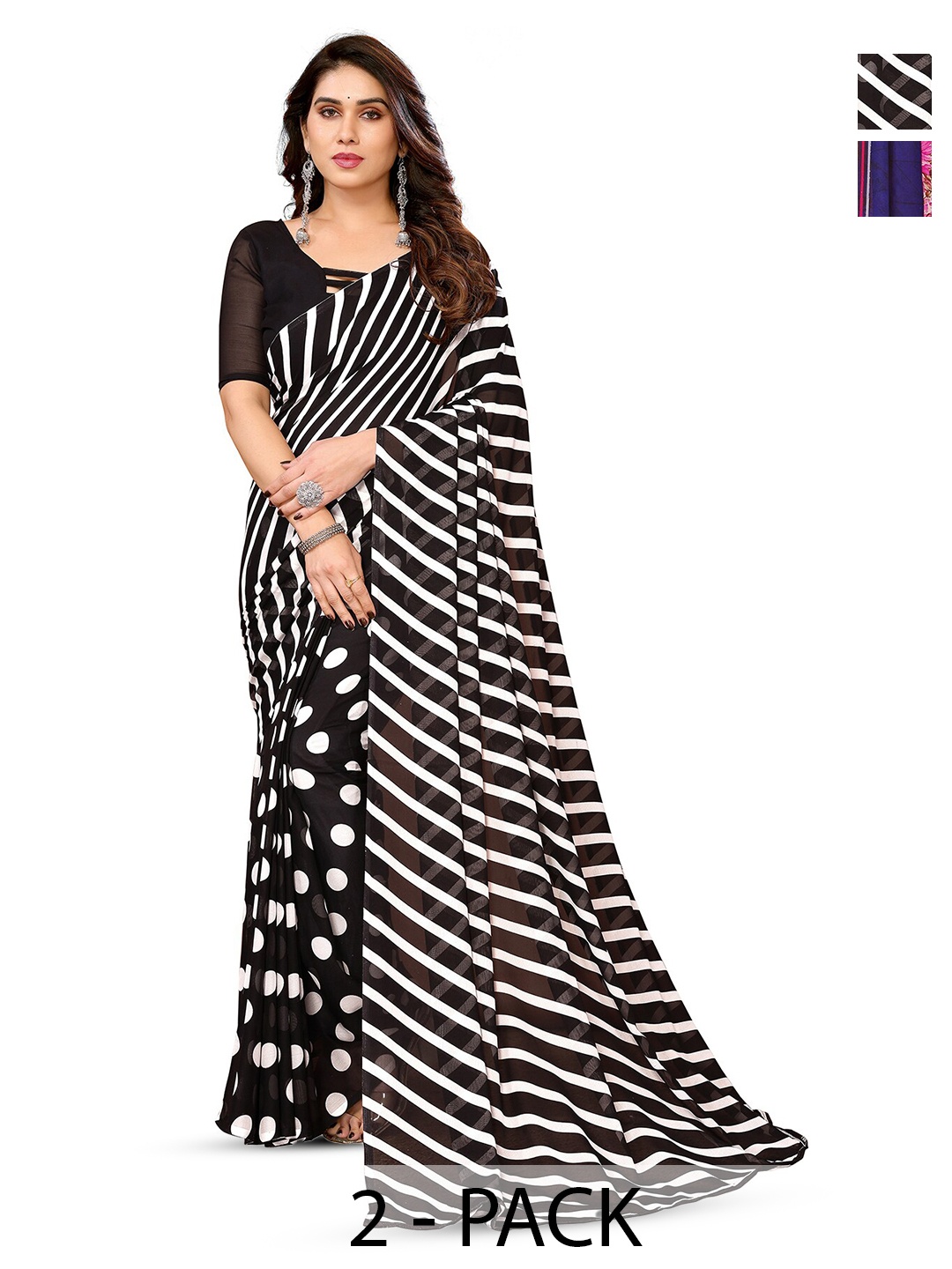 

ANAND SAREES Selection Of 2 Geometric Printed Sarees, Black